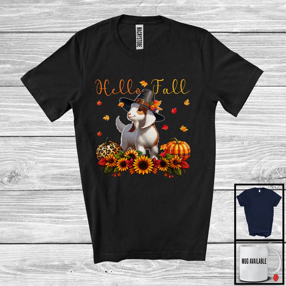 MacnyStore - Hello Fall; Adorable Thanksgiving Goat With Plaid Leopard Pumpkin Sunflowers; Farm Farmer T-Shirt