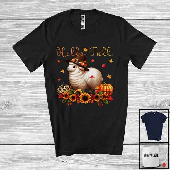 MacnyStore - Hello Fall; Adorable Thanksgiving Sheep With Plaid Leopard Pumpkin Sunflowers; Farm Farmer T-Shirt