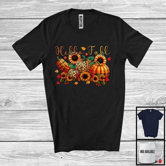 MacnyStore - Hello Fall; Adorable Thanksgiving Three Leopard Fall Pumpkin Sunflowers; Family Group T-Shirt