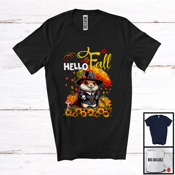 MacnyStore - Hello Fall; Lovely Thanksgiving Hamster With Autumn Tree Pumpkin; Animal Lover Family Group T-Shirt