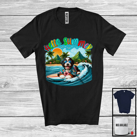 MacnyStore - Hello Summer, Lovely Summer Vacation Bernedoodle Surfing Lover, Surfer Puppy Owner Group T-Shirt