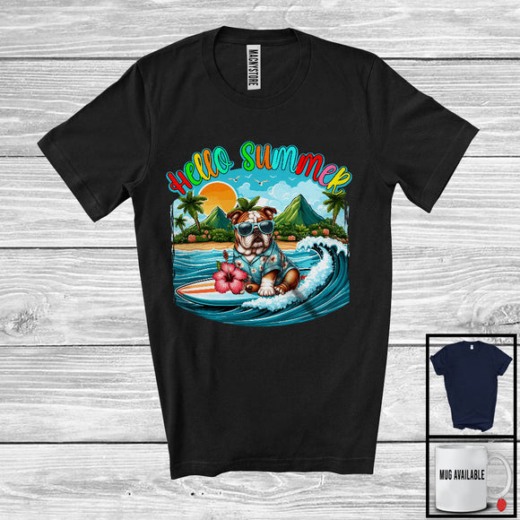 MacnyStore - Hello Summer, Lovely Summer Vacation Bulldog Surfing Lover, Surfer Puppy Owner Group T-Shirt