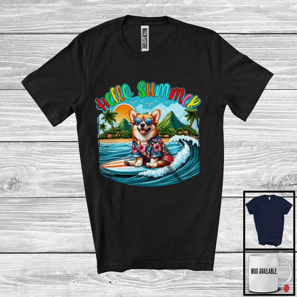 MacnyStore - Hello Summer, Lovely Summer Vacation Corgi Surfing Lover, Surfer Puppy Owner Group T-Shirt