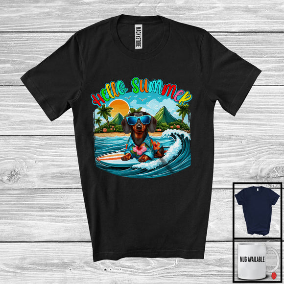 MacnyStore - Hello Summer, Lovely Summer Vacation Dachshund Surfing Lover, Surfer Puppy Owner Group T-Shirt