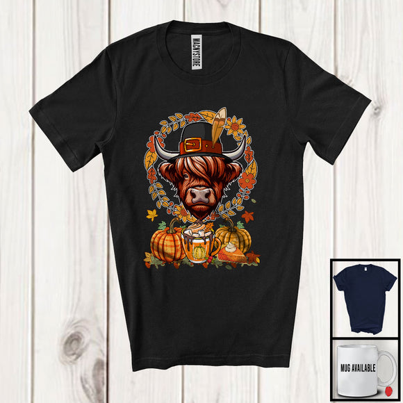 MacnyStore - Highland Cow Fall Leaves Circle Plaid Pumpkins; Happy Thanksgiving Coffee; Family Group T-Shirt