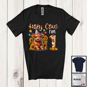 MacnyStore - Holy Cow I'm 1; Adorable 1st Birthday Highland Cow With Sunflowers; Matching Family Group T-Shirt