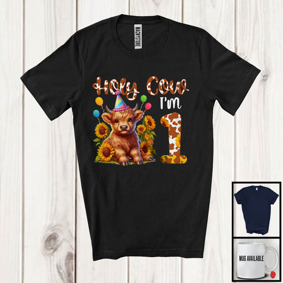 MacnyStore - Holy Cow I'm 1; Adorable 1st Birthday Highland Cow With Sunflowers; Matching Family Group T-Shirt