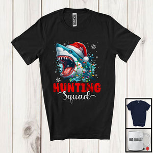 MacnyStore - Hunting Squad; Scary Christmas Santa Shark Sea Animal Lover; X-mas Lights Snowing Around T-Shirt