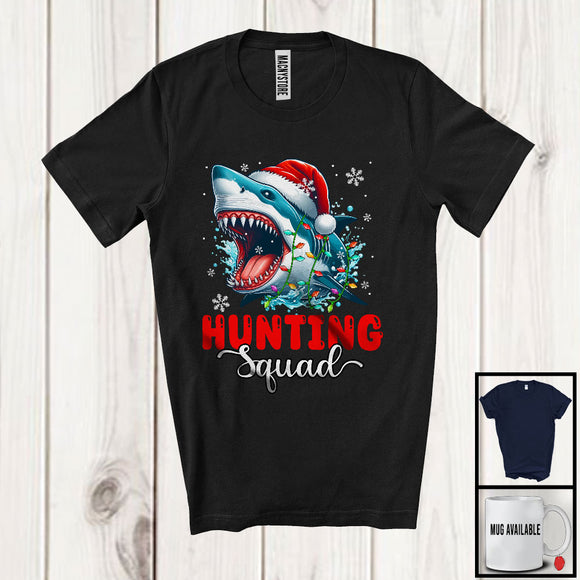 MacnyStore - Hunting Squad; Scary Christmas Santa Shark Sea Animal Lover; X-mas Lights Snowing Around T-Shirt