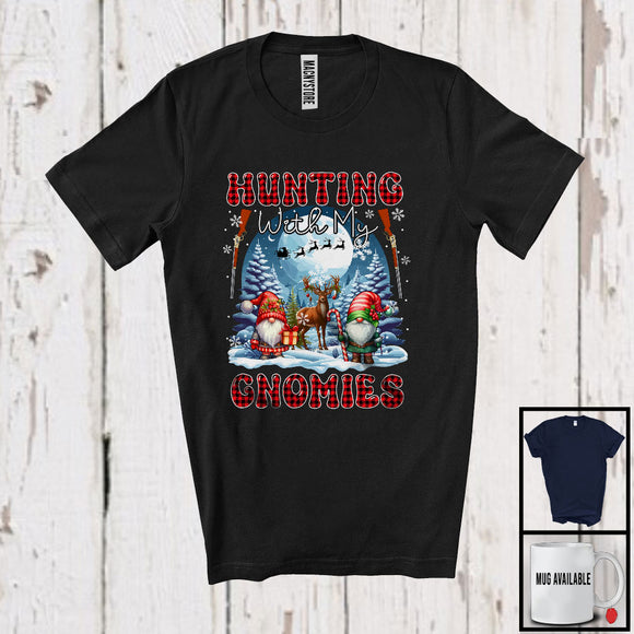 MacnyStore - Hunting With My Gnomies; Fantastic Christmas Red Plaid Couple Gnomes; Family Group T-Shirt