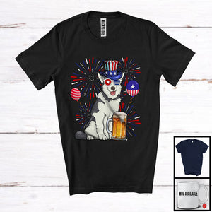 MacnyStore - Husky Drinking Beer, Cheerful 4th Of July Drunker Fireworks, American Flag Patriotic Group T-Shirt