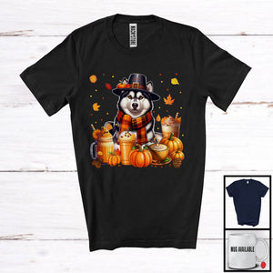 MacnyStore - Husky With Coffee Smoothie, Wonderful Thanksgiving Pumpkins Drinks Fall Leaves T-Shirt