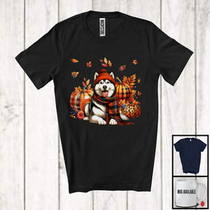 MacnyStore - Husky With Plaid Pumpkins Fall Leaves; Lovely Thanksgiving Dog Lover; Family Group T-Shirt