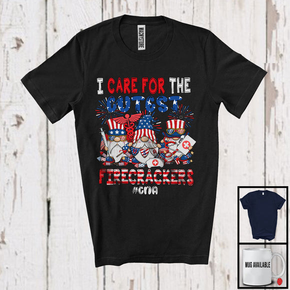 MacnyStore - I Care For The Cutest Firecracker, Adorable 4th Of July Patriotic Three Gnomes, CNA Nurse Group T-Shirt