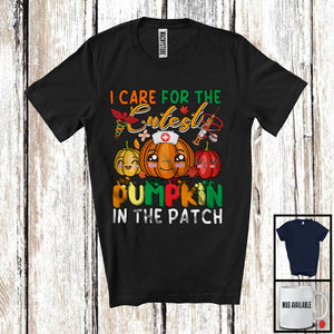 MacnyStore - I Care For The Cutest Pumpkin In The Patch; Colorful Thanksgiving Pumpkins Nurse Group T-Shirt