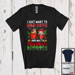 MacnyStore - I Just Want To Drink Coffee And Watch Christmas Movies; Joyful Plaid Drinking; Pajama X-mas T-Shirt