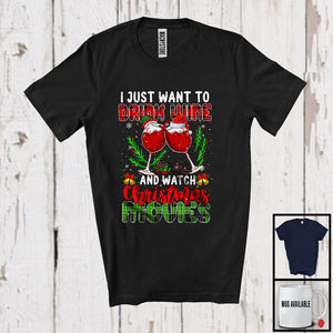 MacnyStore - I Just Want To Drink Wine And Watch Christmas Movies; Joyful Plaid Drinking; Pajama Drunker T-Shirt