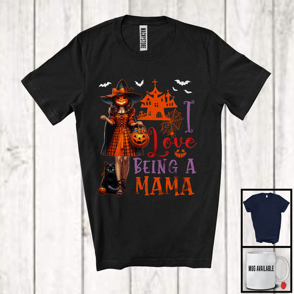 MacnyStore - I Love Being A Mama, Horror Halloween Family Witch With Pumpkin Face, Candy Cat Lover T-Shirt