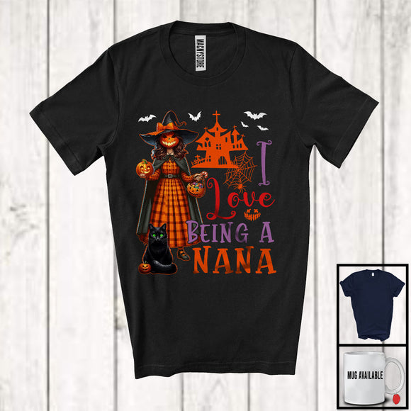 MacnyStore - I Love Being A Nana, Horror Halloween Family Witch With Pumpkin Face, Candy Cat Lover T-Shirt