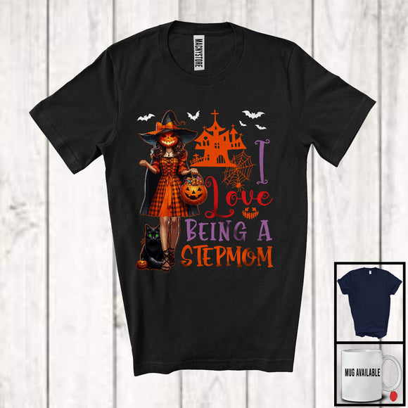 MacnyStore - I Love Being A Stepmom, Horror Halloween Family Witch With Pumpkin Face, Candy Cat Lover T-Shirt