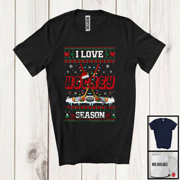 MacnyStore - I Love Hockey Season; Wonderful Christmas Sweater Lights Hockey Stick; Santa Sport Player T-Shirt