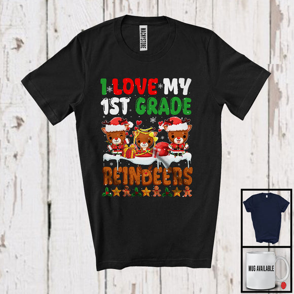 MacnyStore - I Love My 1st Grade Reindeers, Lovely Christmas Three Reindeers Snowing, Teaching Teacher Group T-Shirt