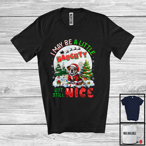 MacnyStore - I May Be A Little Naughty But Still Nice; Humorous Christmas Bulldog Santa; X-mas Moon T-Shirt