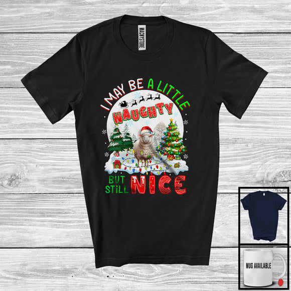 MacnyStore - I May Be A Little Naughty But Still Nice; Humorous Christmas Sheep Santa; X-mas Moon T-Shirt