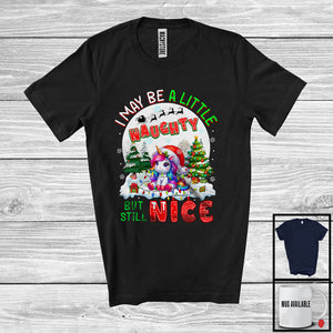 MacnyStore - I May Be A Little Naughty But Still Nice; Humorous Christmas Unicorn Santa; X-mas Moon T-Shirt