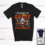 MacnyStore - I Paused My Game For Halloween; Creepy Zombies Ghost Gaming Pumpkin; Gamer Nerd T-Shirt