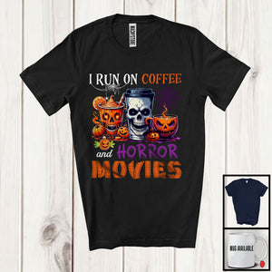 MacnyStore - I Run On Coffee And Horror Movies, Scary Halloween Three Pumpkin Coffee Cup, Movie Lover T-Shirt