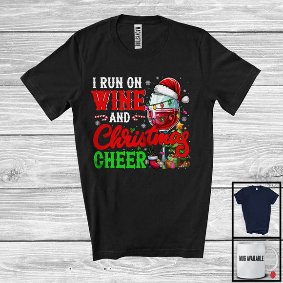 MacnyStore - I Run On Wine And Christmas Cheer; Humorous X-mas Lights Santa Wine; Drinking Drunker T-Shirt