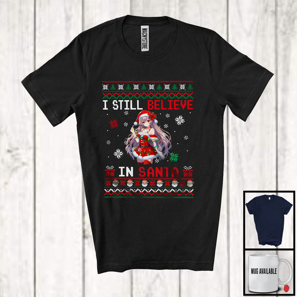 MacnyStore - I Still Believe In Santa; Humorous Christmas Lights Sweater Santa Anime Girl; Japanese Family T-Shirt