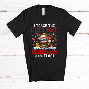 MacnyStore - I Teach The Coolest Reindeer; Amusing Christmas Lights Santa Reindeer; Teacher Family T-Shirt