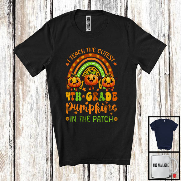 MacnyStore - I Teach The Cutest 4th Grade Pumpkins; Lovely Thanksgiving Fall Rainbow Three Pumpkin; Teacher T-Shirt