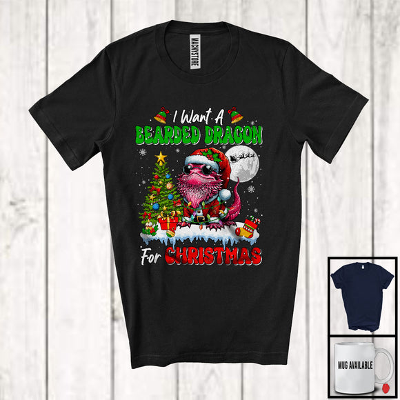 MacnyStore - I Want A Bearded Dragon For Christmas; Lovely X-mas Tree Santa Wild Animal; Women Family T-Shirt