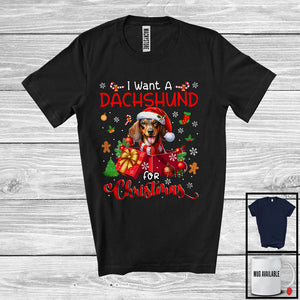 MacnyStore - I Want A Dachshund For Christmas; Adorable Santa Dachshund In X-mas Present Box; Family Group T-Shirt