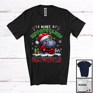 MacnyStore - I Want A Hippopotamus For Christmas; Adorable X-mas Plaid Santa Hippo; Zoo Animal Lover T-Shirt