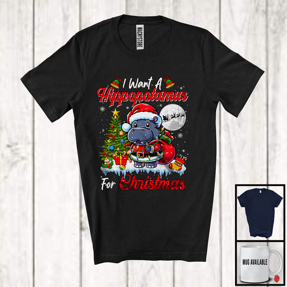 MacnyStore - I Want A Hippopotamus For Christmas; Adorable X-mas Tree Santa Hippo Wild Animal Lover T-Shirt