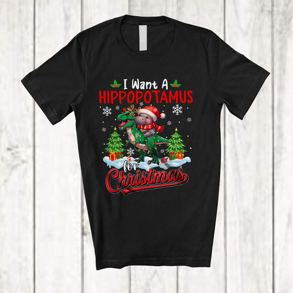 MacnyStore - I Want A Hippopotamus For Christmas; Amusing X-mas Santa Hippo Riding T-Rex Reindeer T-Shirt