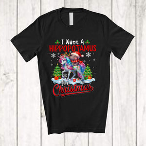 MacnyStore - I Want A Hippopotamus For Christmas; Amusing X-mas Santa Hippo Riding Unicorn Reindeer T-Shirt