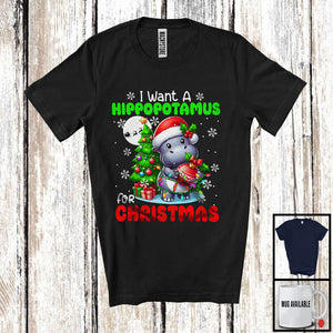 MacnyStore - I Want A Hippopotamus For Christmas; Lovely X-mas Lights Tree Santa Hippo; Snowing Around T-Shirt