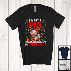 MacnyStore - I Want A Pig For Christmas; Adorable X-mas Lights Santa Pig Farmer; Family Group T-Shirt