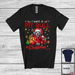 MacnyStore - I Want A Pit Bull For Christmas; Adorable Santa Pit Bull In X-mas Present Box; Family Group T-Shirt