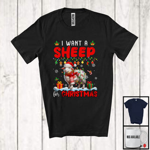 MacnyStore - I Want A Sheep For Christmas; Adorable X-mas Lights Santa Sheep Farmer; Family Group T-Shirt