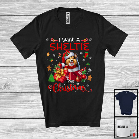 MacnyStore - I Want A Sheltie For Christmas; Adorable Santa Sheltie In X-mas Present Box; Family Group T-Shirt