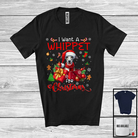 MacnyStore - I Want A Whippet For Christmas; Adorable Santa Whippet In X-mas Present Box; Family Group T-Shirt