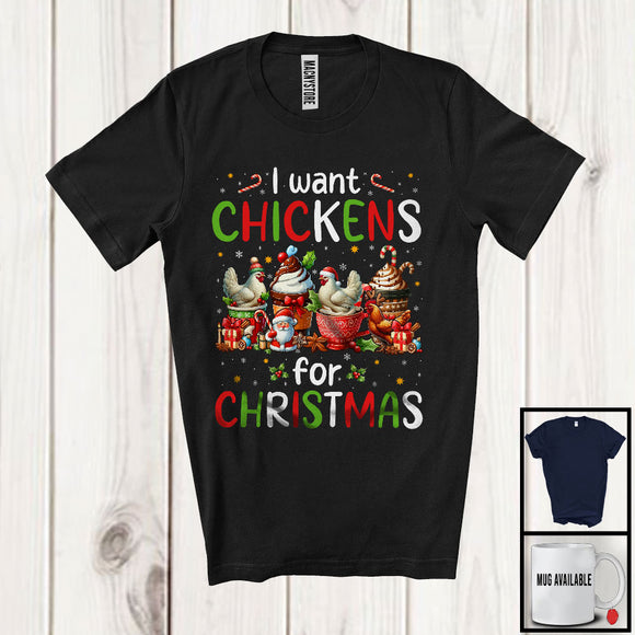 MacnyStore - I Want Chickens; Wonderful Christmas Santa Chicken With Hot Coffee; Animal Lover X-mas Group T-Shirt