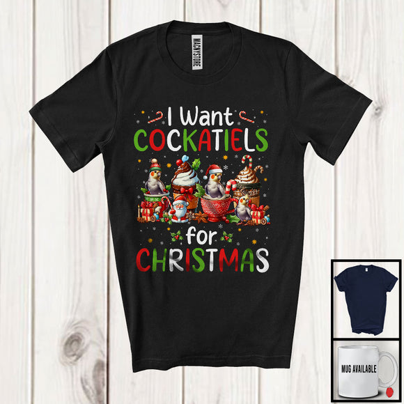 MacnyStore - I Want Cockatiels; Wonderful Christmas Santa Cockatiel With Hot Coffee; Animal Lover X-mas Group T-Shirt