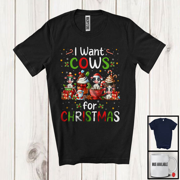 MacnyStore - I Want Cows; Wonderful Christmas Santa Cow With Hot Coffee; Animal Lover X-mas Group T-Shirt